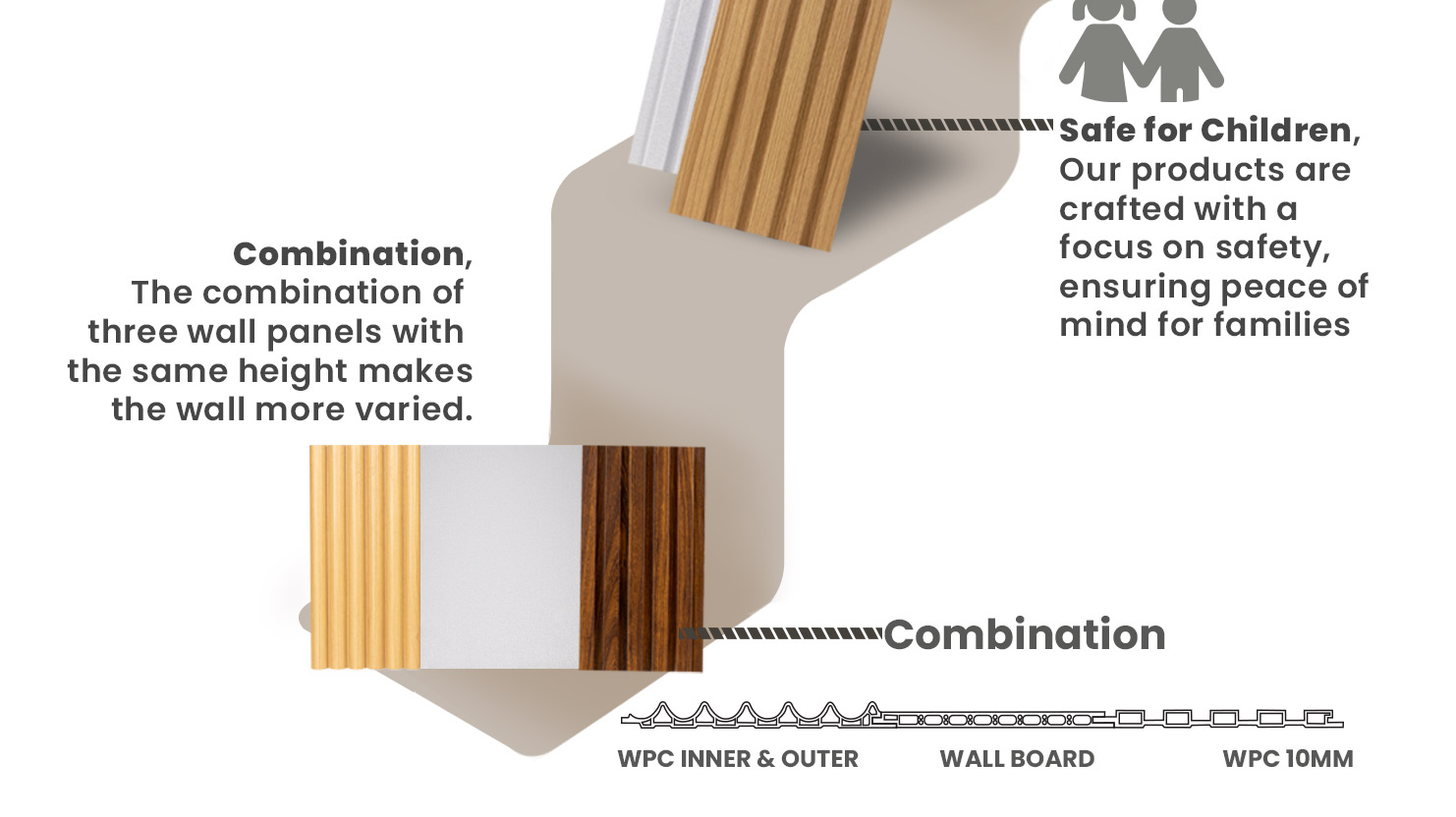 Combination, The combination of three wall panels with the same height makes the wall more varied.